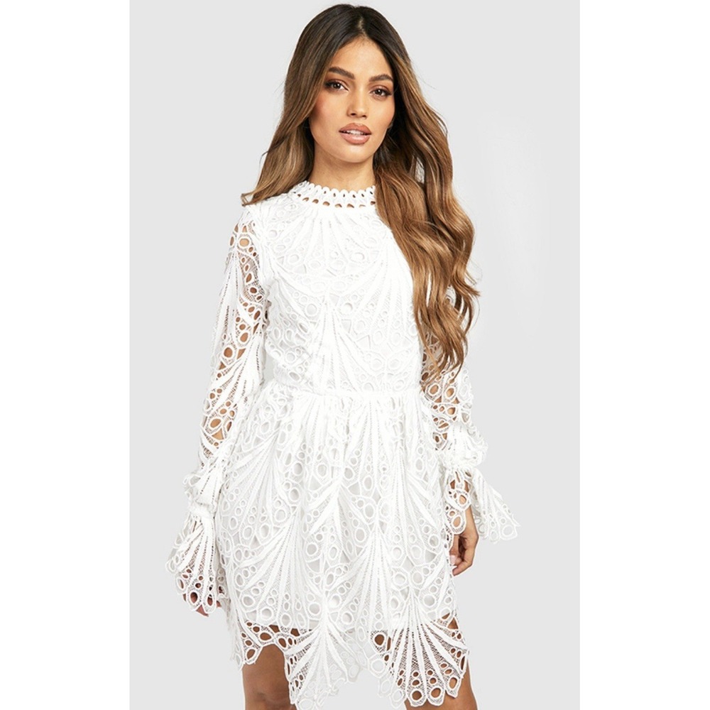 BOOHOO High Neck White Flared Sleeves Lace Skater Dress Size 12
